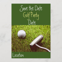 Golf ball with putter on green grass invitation