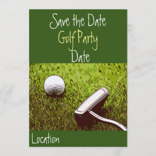 Golf ball with putter on green grass invitation
