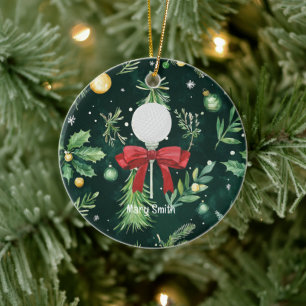 Golf Ball with red ribbon Ceramic Ornament
