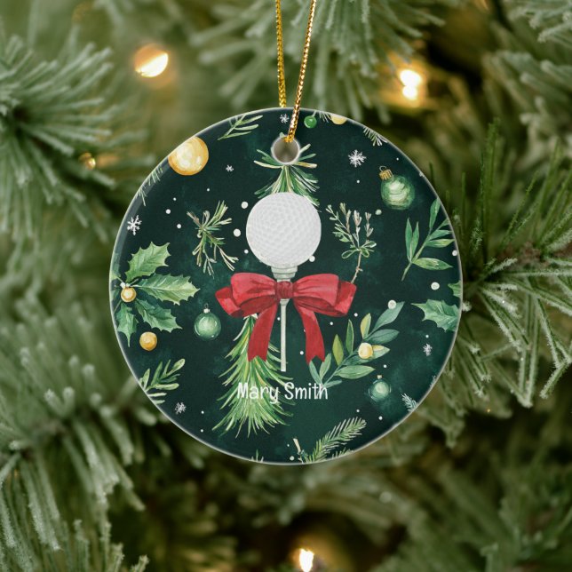 Golf Ball with red ribbon  Ceramic Ornament (Tree)