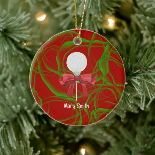 Golf Ball with red ribbon Ceramic Ornament