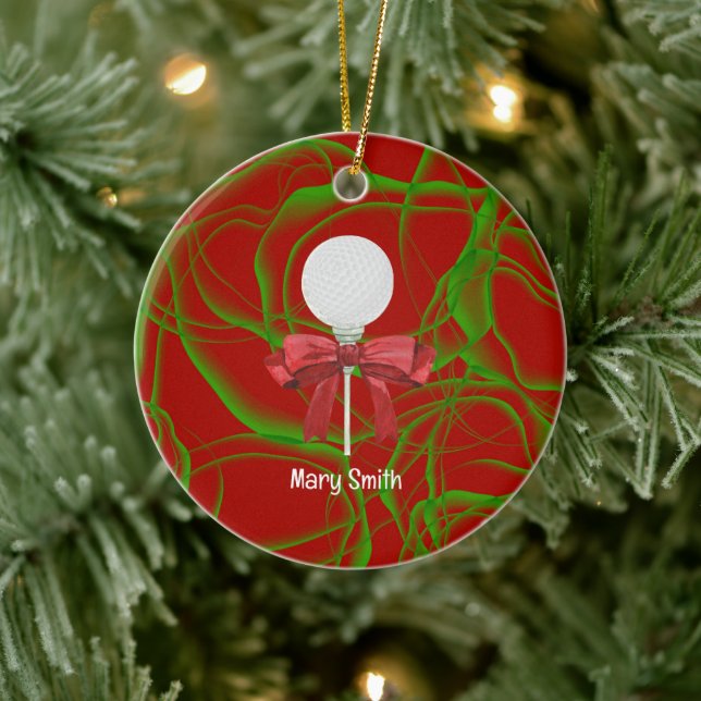 Golf Ball with red ribbon  Ceramic Ornament (Tree)