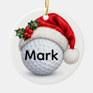 Golf Ball with Santa hat Ceramic Ornament