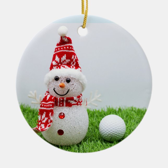Golf ball with Snowman are for Golfer's Christmas Ceramic Ornament (Front)