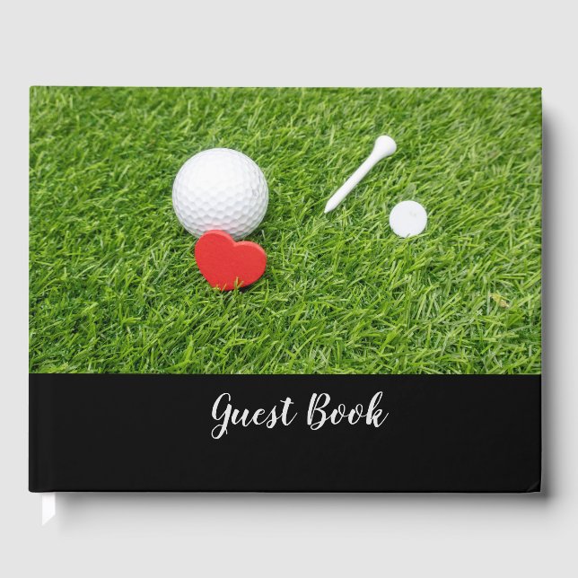 Golf ball with tee and red heart on green wedding guest book (Front)