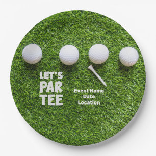 Golf ball with tee on green grass  Let's Par Tee Paper Plate