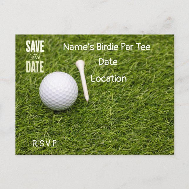 Golf ball with tee on green Save the Date  Postcard (Front)