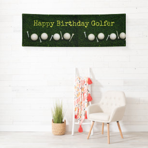 Golf balls and tees on green background birthday banner