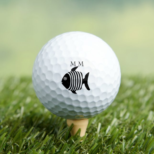 Golf Balls Monogrammed Black And White Fish Design (Insitu Tee)