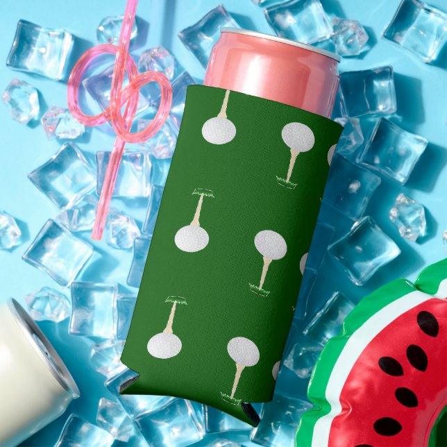 Golf balls pattern on green seltzer can cooler (In Situ Summer)
