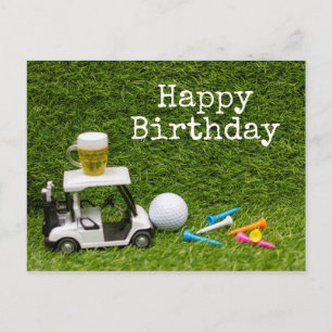 Golf birthday with ball and beer with tees   postcard
