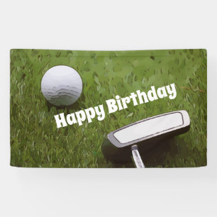 Golf birthday with golf ball and putter on green banner