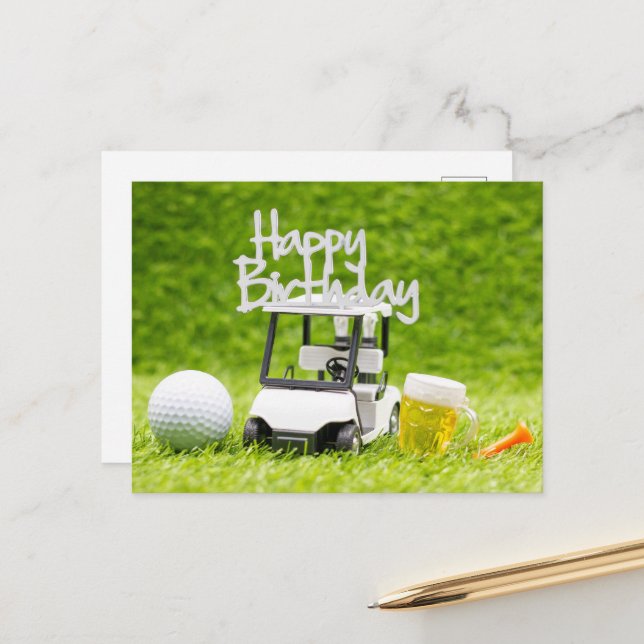 Golf Birthday with golf cart and beer for golfer Postcard (Front/Back In Situ)