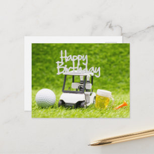 Golf Birthday with golf cart and beer for golfer Postcard