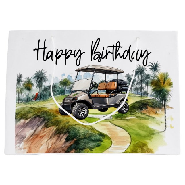 Golf Birthday with golf cart   watercolor Large Gift Bag (Front)