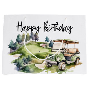 Golf Birthday with golf cart   watercolor Large Gift Bag
