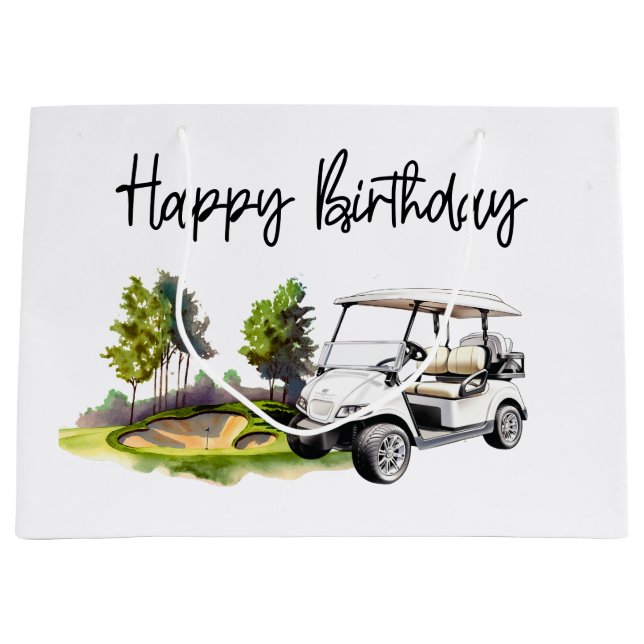 Golf Birthday with golf cart   watercolor Large Gift Bag (Front)