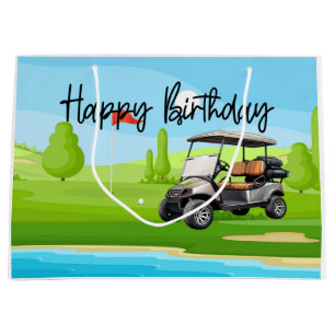 Golf Birthday with golf cart   watercolor Large Gift Bag