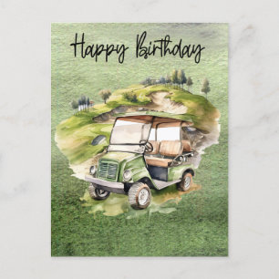 Golf Birthday with golf cart watercolor Postcard