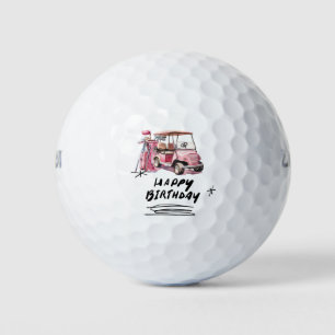 Golf birthday with pink cart and bag for woman  golf balls