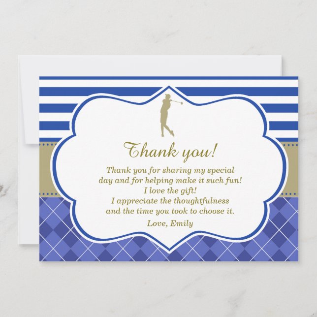 Golf Blue Gold Thank You Card Birthday Party (Front)
