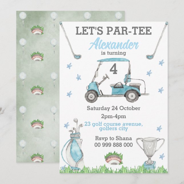 Golf Blue Par Tee Invitation Anniversaire (Devant / Derrière)