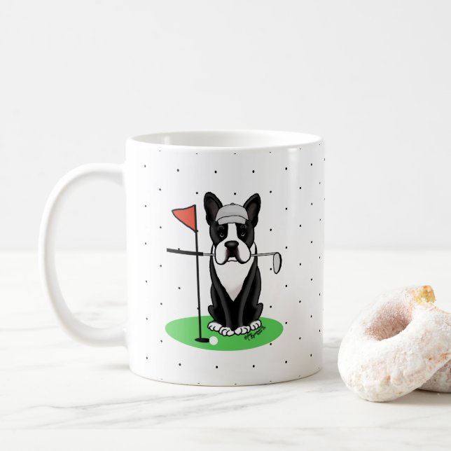 Golf Boston Terrier (black) Cute Dog Coffee Mug (With Donut)
