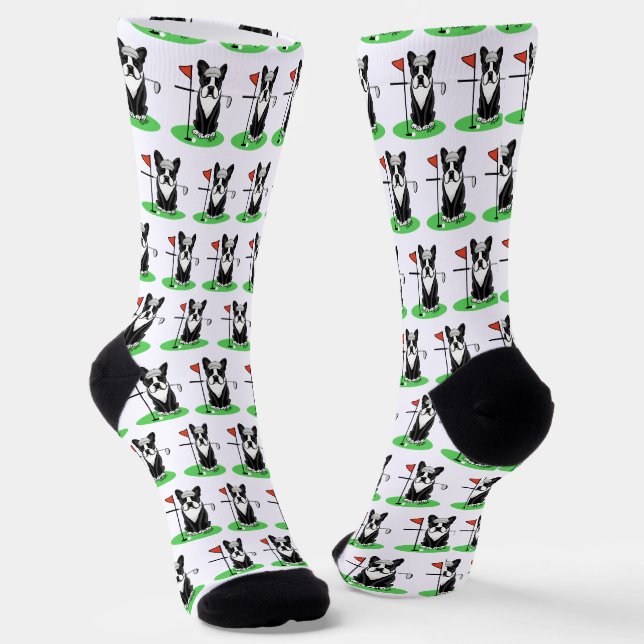 Golf Boston Terrier (black) Cute Dog Socks (Angled)