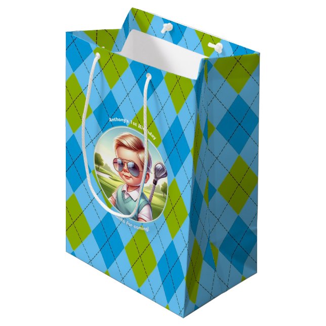 Golf Boy Birthday Party Argyle Medium Gift Bag (Front Angled)