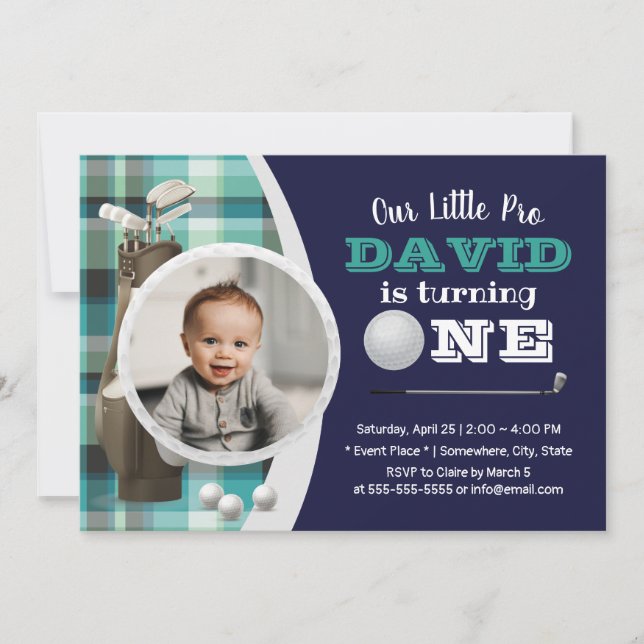 Golf Boy Future Golfer Navy Photo 1st Birthday Invitation (Front)