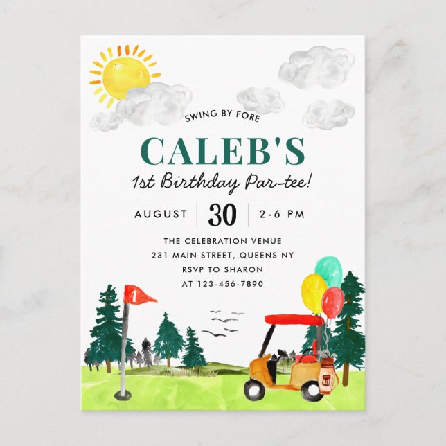 Golf Boy Golfing Swing By Fore a Par-tee Birthday  Postcard (Front)