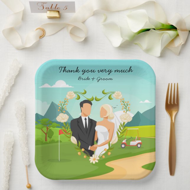 Golf Bride and Groom in the golf course Wedding  Paper Plate (Wedding)