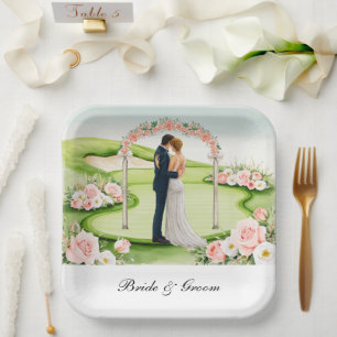 Golf Bride and Groom on Golf Course Wedding Paper Plate