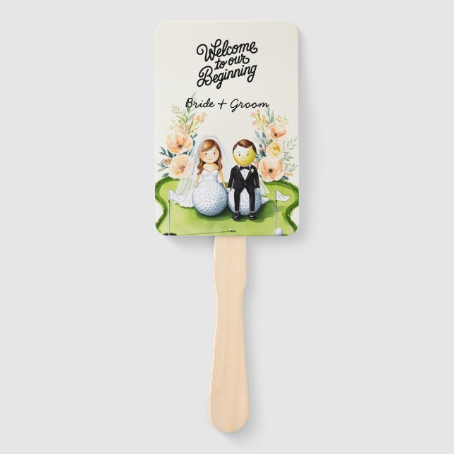Golf bride and groom Wedding on putting green Hand Fan (Front)