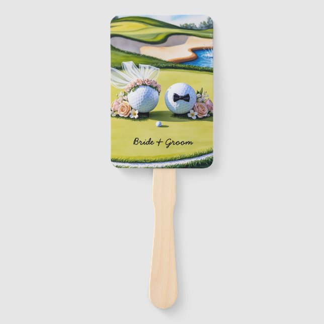 Golf bride and groom Wedding on putting green Hand Fan (Front)
