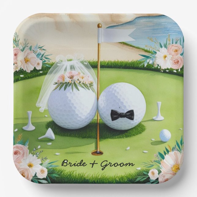 Golf bride and groom with golf ball tee Wedding Pa Paper Plate (Front)