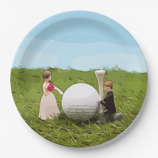 Golf bride and groom with golf ball  tee Wedding Paper Plate (Front)