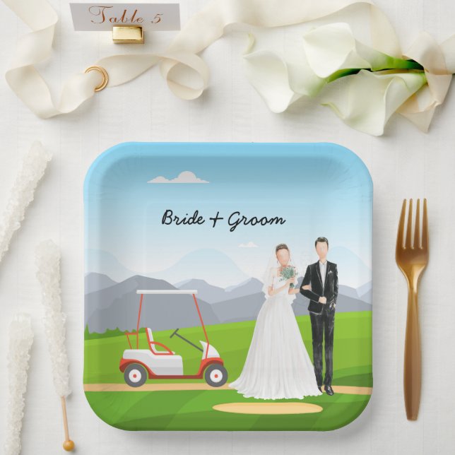Golf bride and groom with golf ball tee Wedding    Paper Plate (Wedding)