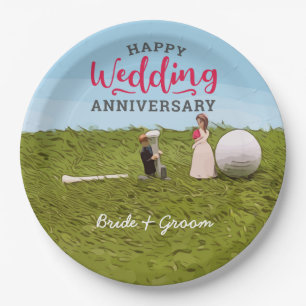 Golf bride and groom with golf ball tee Wedding Paper Plate