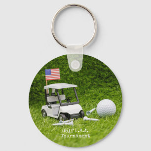 Golf cart and ball with flag of America Keychain