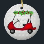 Golf Cart Christmas 1 Ceramic Ornament<br><div class="desc">This awesome ceramic ornament has a golf ball background on the front and back sides. The front has a red golf cart that is trimmed out in holly. The text on the back says Merry Christmas 20xx. You can personalize all the text, make sure you change the year! To see...</div>