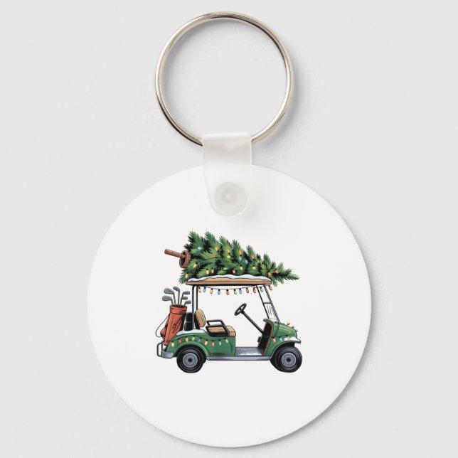 Golf Cart Christmas Tree Lights Golfing Golfer Fun Keychain (Front)