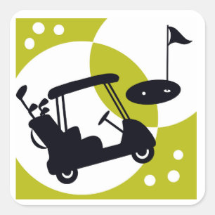 Golf cart, clubs, & greens square sticker