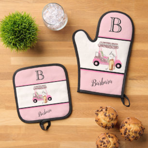 Golf Cart Clubs Monogram Name  Oven Mitt & Pot Holder Set