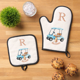 Golf Cart Clubs Monogram Name  Oven Mitt & Pot Holder Set