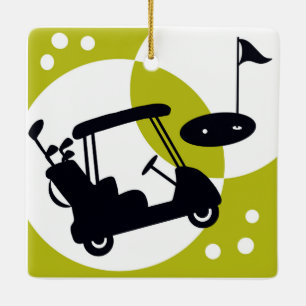 Golf cart & clubs on a fun,  ceramic ornament