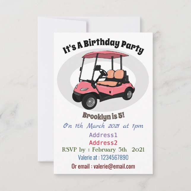 Golf cart / golf buggy cartoon illustration invitation (Front)