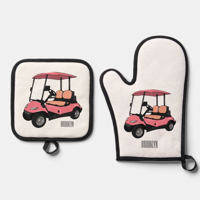 Golf cart / golf buggy cartoon illustration oven mitt & pot holder set (Front)