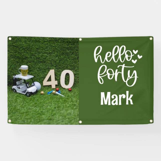 Golf cart is  on green grass 40th birthday banner (Horizontal)