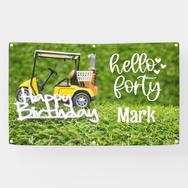 Golf cart is  on green grass 40th birthday banner (Horizontal)